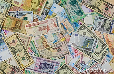 Background of banknotes from different countries Stock Photo