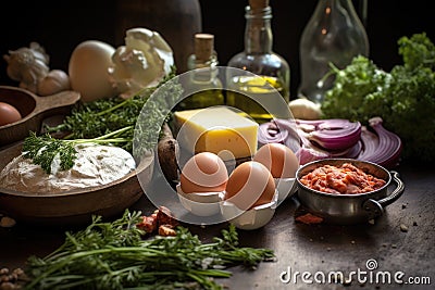 close-up of various ingredients for quiche preparation Stock Photo