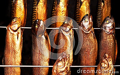 Delicious fresh smoked fish in a smoker Stock Photo