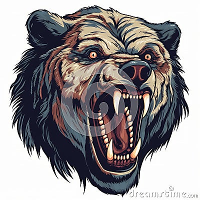 Close up of an vector illustration of a ferocious bear, with sharp claws and teeth, captured in mid-roar on white background. Cartoon Illustration