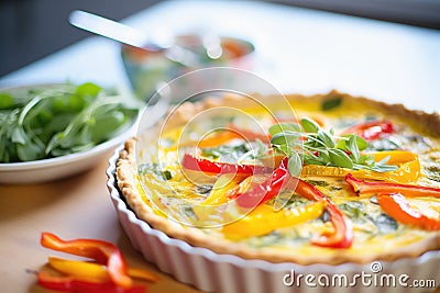 close-up of a veggie quiche with vibrant bell peppers Stock Photo