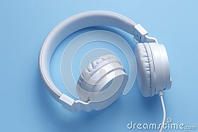 Close-up vertical image of white headphone on blue background. Music concept. Stock Photo
