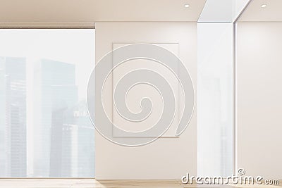 Close up of a vertical poster hanging on a white office or apartment wall between two tall windows. Stock Photo