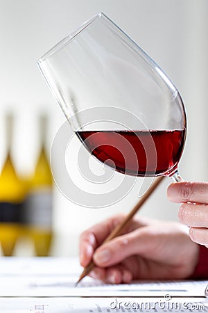 Vertical shot of sommelier evaluating red wine at table Stock Photo