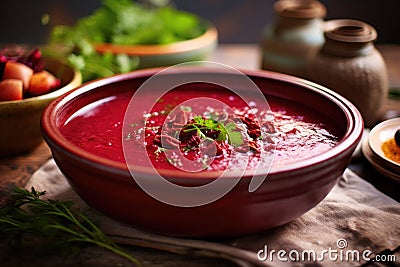 close-up of vibrant beetroot soup in bowl Stock Photo