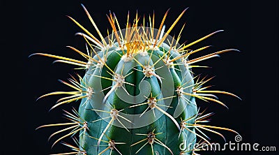 Close-up of a vibrant cactus with sharp spines against a dark background Stock Photo