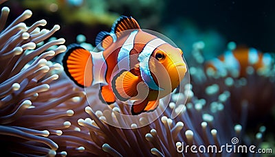 Close up of a vibrant clown fish swimming in a coral reef generated by AI Stock Photo