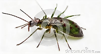 Close-up of a vibrant green and red insect with long antennae Stock Photo