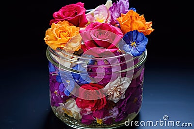 close-up of vibrant preserved flowers in a jar filled with silica gel Stock Photo