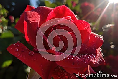 close-up of vibrant red rose with dew drops glistening in the morning sun Stock Photo