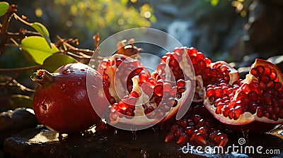 A close-up of a vibrant, ripe pomegranate, its deep red seeds glistening under the mountain sunlight Stock Photo