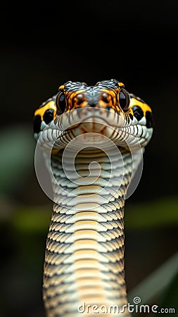 Close-up of a vibrant snake displaying intricate patterns in a jungle setting Stock Photo