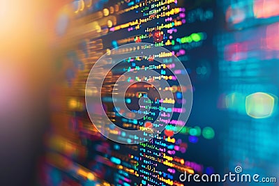Close-up of vibrant syntax-highlighted code with warm light effect. Stock Photo