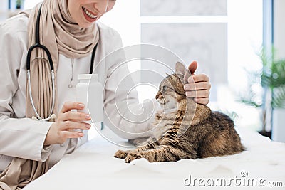 Cat recoiling from container with tablets in vet's hand Stock Photo