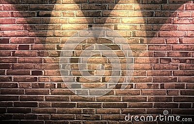 Close up view at an aged brick wall with some bright colored spot lights Stock Photo