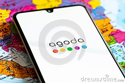 Close up view of Agoda travel agency app Editorial Stock Photo