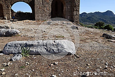 Close up view of ancient roman basilica in Aspendos, Turkey Stock Photo