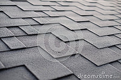 Close up view on Asphalt Roofing Shingles Background. Roof Shingles - Roofing. Shingles roof damage covered with frost. Stock Photo