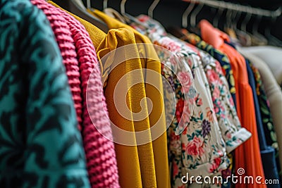Close-up view of assorted clothes on hangers in a boutique displaying various patterns and textures Stock Photo