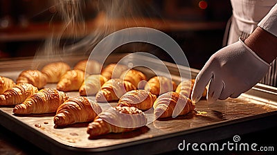 Close Up View Of Baker Preparing Golden Croissants For The Oven. Delicious Croissants Made By The Baker. Generative AI Stock Photo