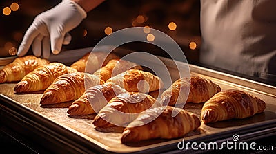 Close Up View Of Baker Preparing Golden Croissants For The Oven. Delicious Croissants Made By The Baker. Generative AI Stock Photo