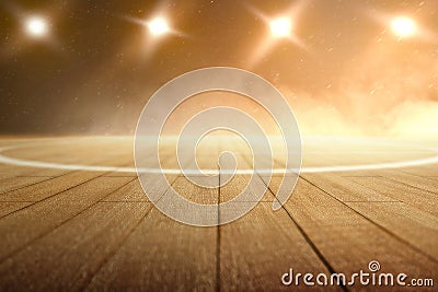 Close up view of a basketball court with wooden floor and spotlights Stock Photo