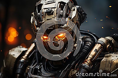 Intense Gaze of a Battle-Scarred Robot Warrior in the Midst of Combat. AI generation Stock Photo
