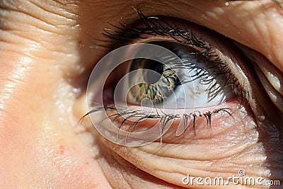 Close up view beautiful blue wrinkled eye macro detail human vision eyesight eyelash optical eyeball eyelid healthcare Stock Photo