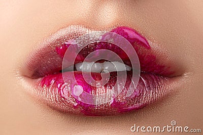 Close up view of beautiful woman lips with modern fashion make u Stock Photo