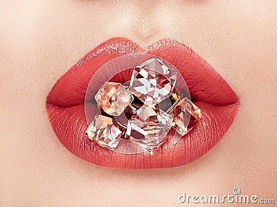 Close up view of beautiful woman lips with red lipstick Stock Photo