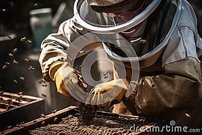 A close-up view of a beekeeper carefully tending to a buzzing beehive, wearing protective gear, and using a smoker to calm the Stock Photo