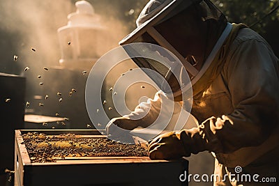 A close-up view of a beekeeper carefully tending to a buzzing beehive, wearing protective gear, and using a smoker to calm the Stock Photo