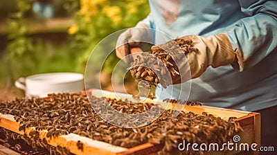 Close up view. Beekeeper works with honeycomb full of bees outdoors. Apiarist. Stock Photo