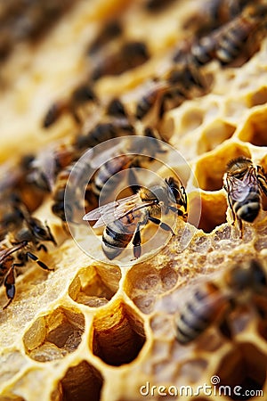 Close-up view of bees actively working on a honeycomb in their hive. The intricate hexagonal cells are filled with Stock Photo