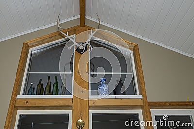 Close up view of big window of private house from inside. Stock Photo