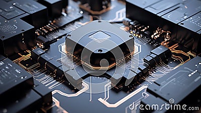 A close-up view of a black color complexities computer processor, ai generated. Stock Photo