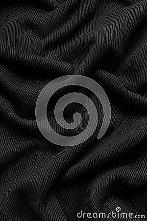 Close-up view of black fabric with unique wavy pattern. Fabric texture adds depth and dimension to scene. Solid gray background Stock Photo