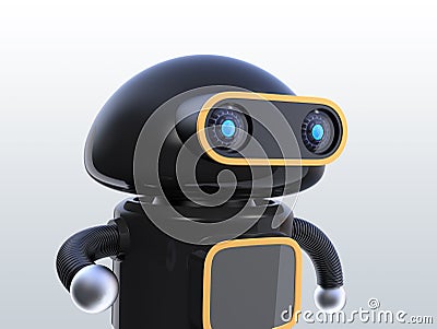 Close up view of black robot looking straight ahead on gray background Stock Photo