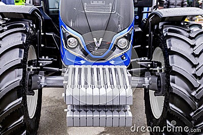 Close-Up View of Blue Agricultural Valtra Tractor in Detail Editorial Stock Photo