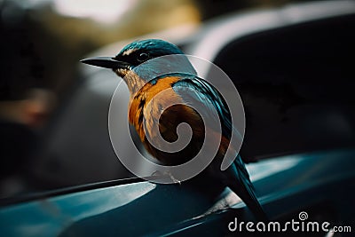 Close up view of a Blue Kingfisher perched on a car. Generative AI. Stock Photo