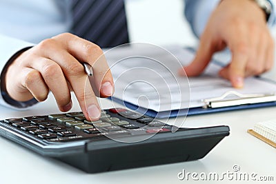 Close up view of bookkeeper or financial inspector hands making Stock Photo