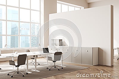 Close up view on bright office interior with empty wall Stock Photo