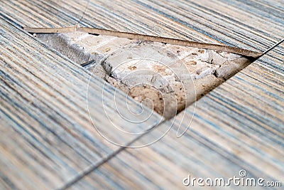 Close up view of broken tile in the bathroom. Cracked asbeston floor tile. Damaged ceramic tile background Stock Photo