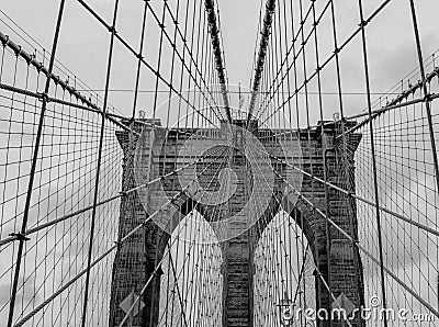 Close up view of Brooklyn Bridge in black and white color Stock Photo