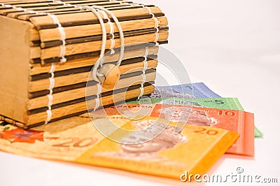 Brown gift box on malaysia notes Stock Photo