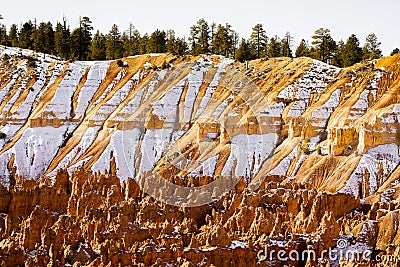 Close up view of bryce canyon national park hoodoos in winter in souther utah usa showing oranges and whites during the day Stock Photo