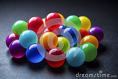 Close up view of bunch vibrant multi coloured glossy balls on a dark surface. Stock Photo