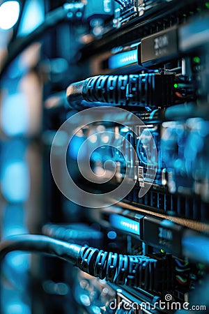 A close-up view of a bundle of wires in a server, useful for IT and technology-related concepts Stock Photo