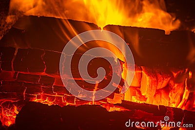 Close-up view of burning woods. Fire flames Stock Photo