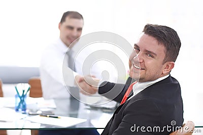 Close up view of business partnership handshake concept.Photo of two businessman handshaking process.Successful deal Stock Photo